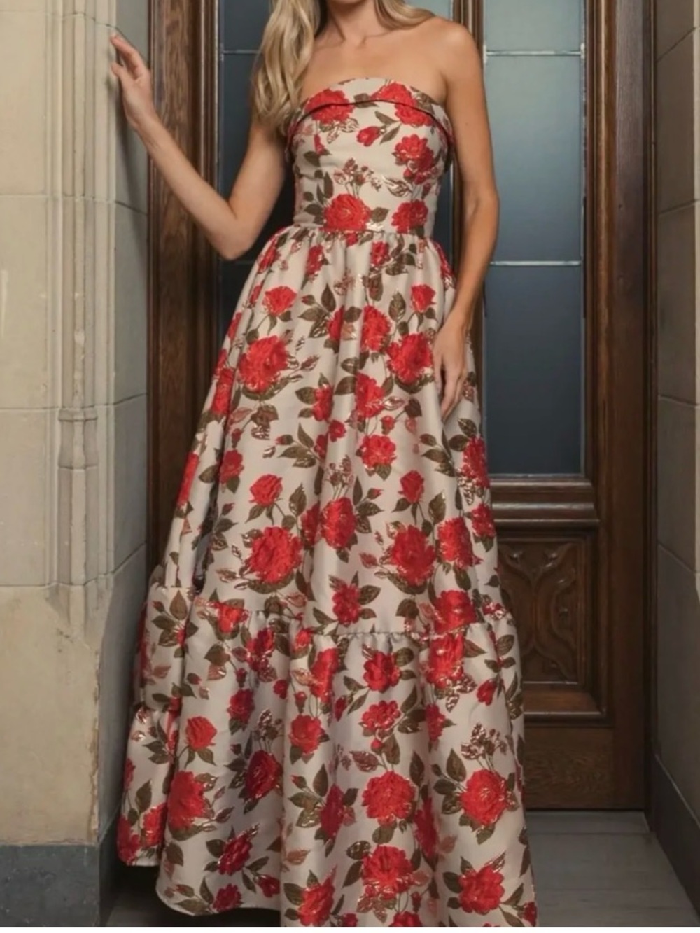 Mac Duggal Brocade Strapless Floral Gown Ruffle Hem Dress Size 8
